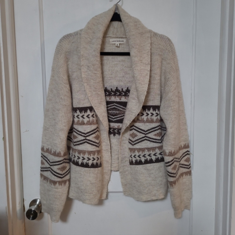 Lucky Cream Shawl Collar Boho Patterned Cardigan with Aztec Accents